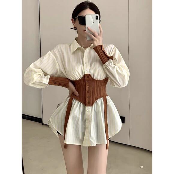 Women's French 2 in 1 Waistband Belt Shirt Dress (M) - Picture 1 of 10